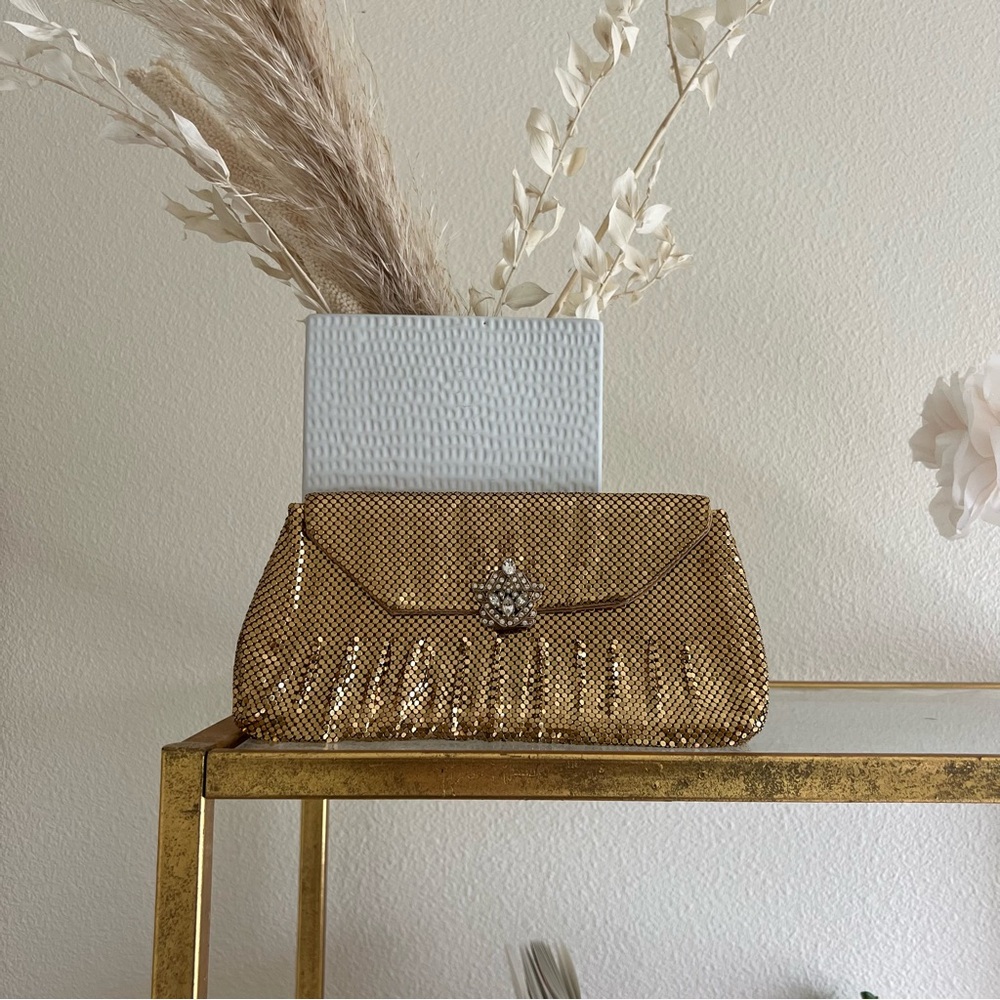Whiting and Davis gold mesh clutch purse evening bag, rhinestone clasp, c. 1950s